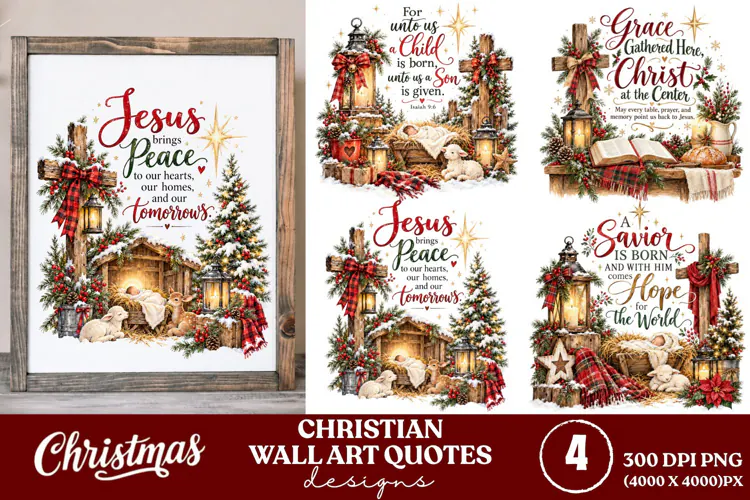 4 Christian Christmas Wall Art PNGs, 4 Bible Verse Christmas