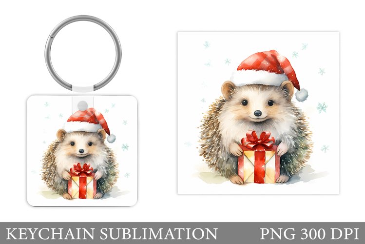 Christmas Hedgehog Keychain. Cute Hedgehog Square Keychain example image 1