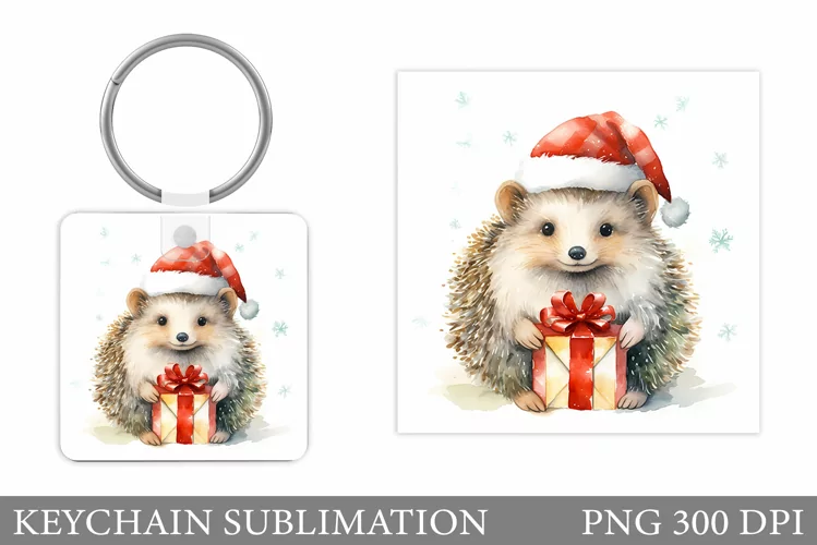 Christmas Hedgehog Keychain. Cute Hedgehog Square Keychain