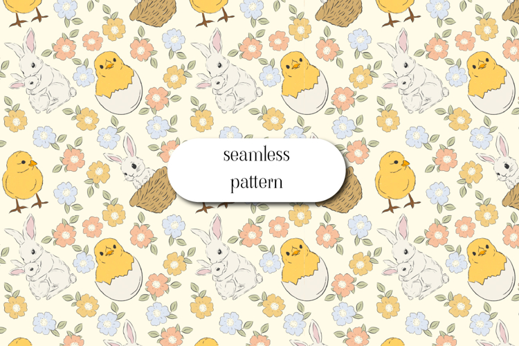 Easter Bunny and Chick Seamless Pattern, Spring Floral