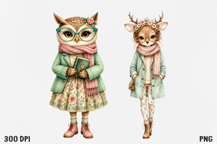 Cute Cottagecore Animal Watercolor Clipart PNG