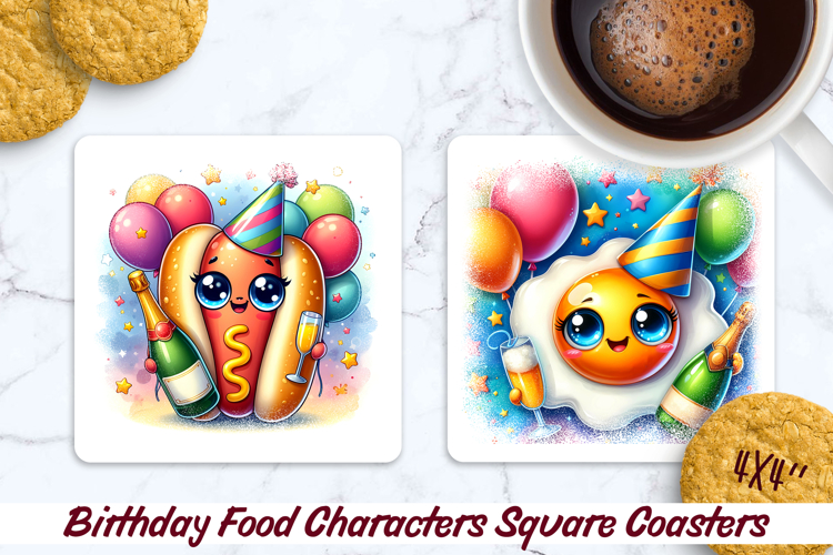 Birthday Food Square Coaster PNG 4x4, Sublimation Design.