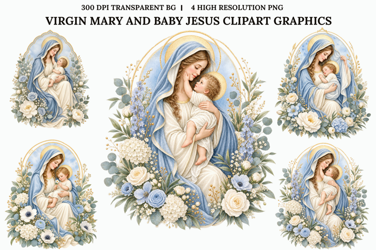 Virgin Mary Baby Jesus Floral Christian Sublimation PNG