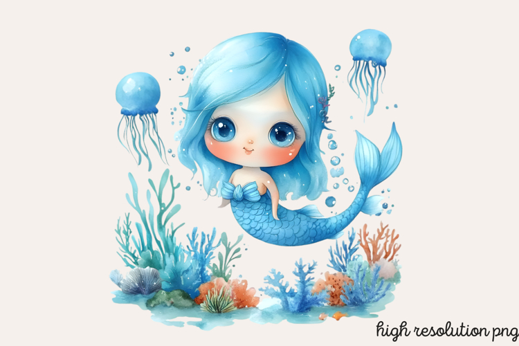 Pastel Cute Mermaid Watercolor Clipart PNG