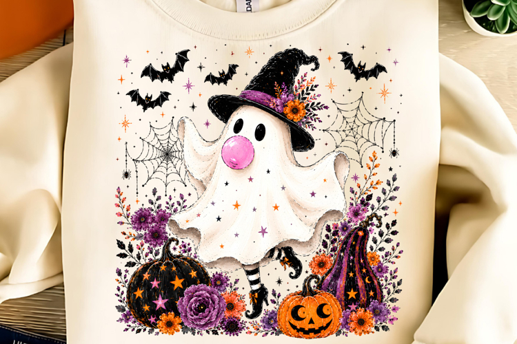 Ghost Blowing Bubble Gum PNG, Brushstroke Halloween PNG, Boo example image 1