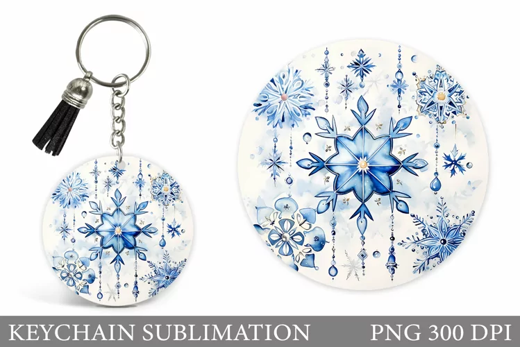 Watercolor Snowflakes Keychain. Snowflakes Round Keychain