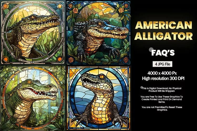 American Alligator Stained Glass Square - 04 Variation