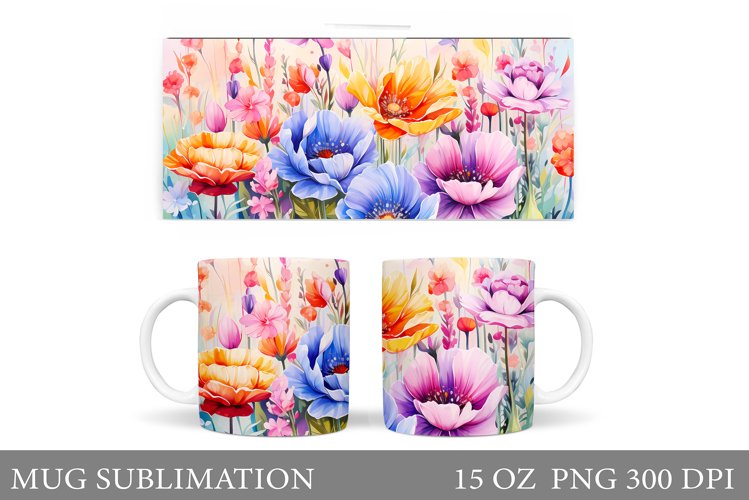 Wildflowers Mug Sublimation. Flowers Mug Wrap Design example image 1
