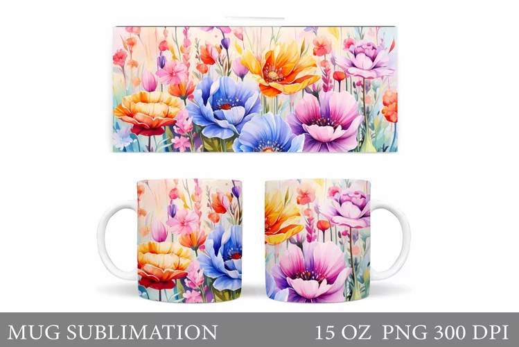 Wildflowers Mug Sublimation. Flowers Mug Wrap Design