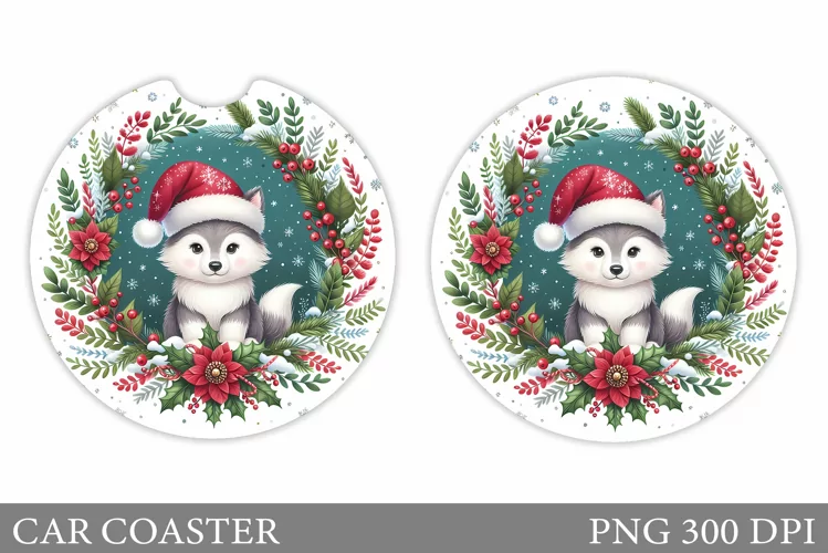 Wolf Car Coaster Sublimation. Christmas Car Coaster Design