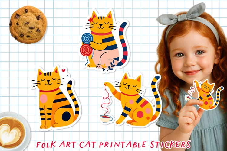 Cute & Funny Folk Art Cat Printable Stickers, PNG