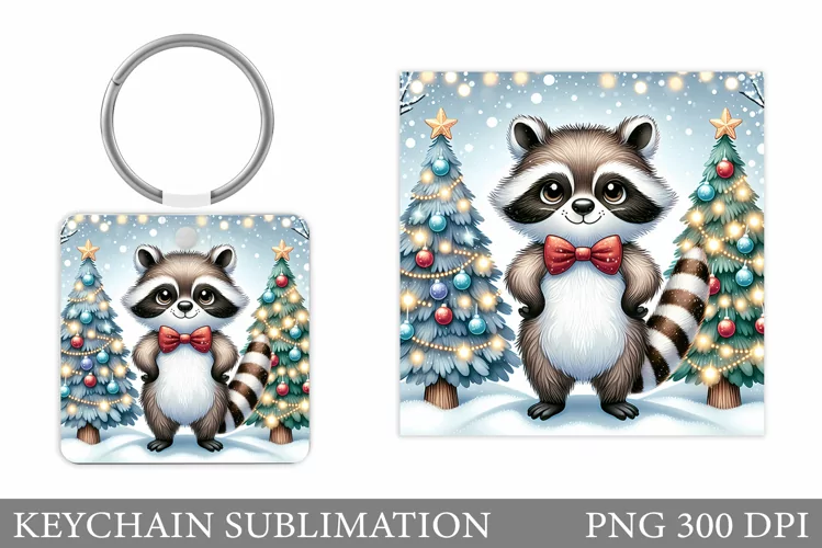 Christmas Raccoon Keychain. Christmas Keychain Sublimation