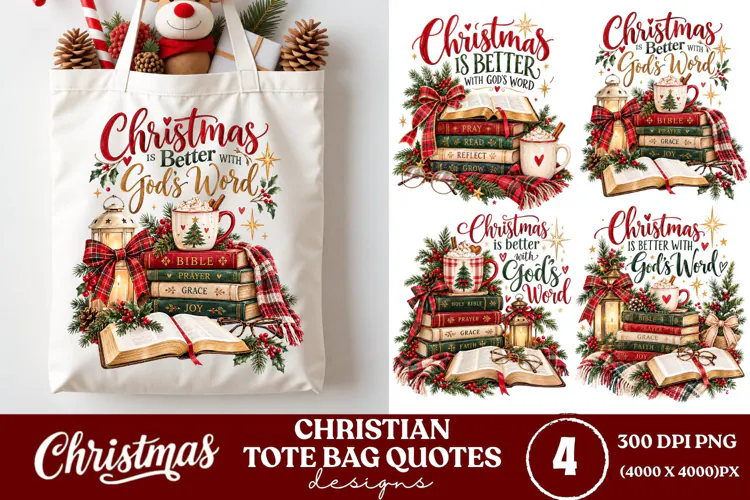 4 Christian Christmas Tote Bag PNGs, 4 Bible Lover Christmas
