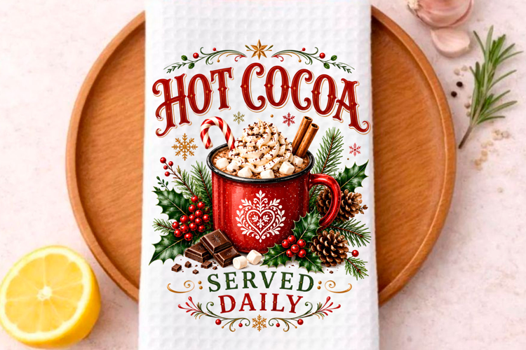 Hot Cocoa Served Daily PNG Christmas Kitchen Towel
