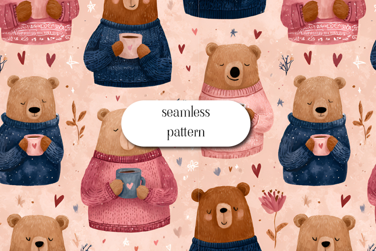 Cozy Bear Seamless Pattern Cute Bears With Coffee Cups