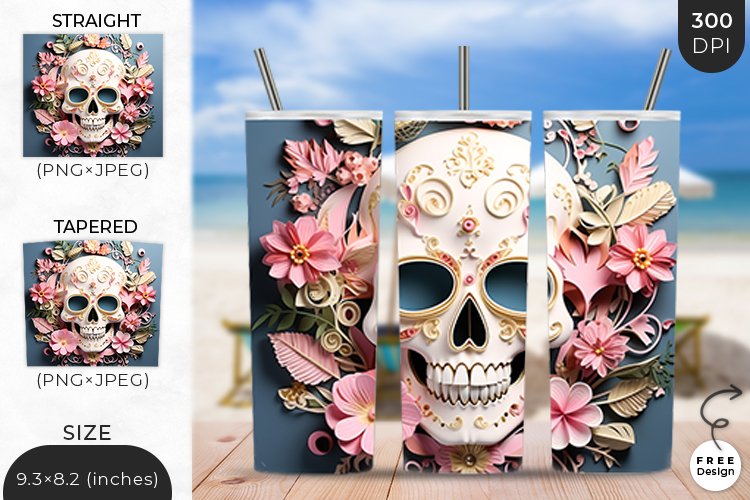 3D White Skull Tumbler Wrap | 3D Sublimation Wrap Design