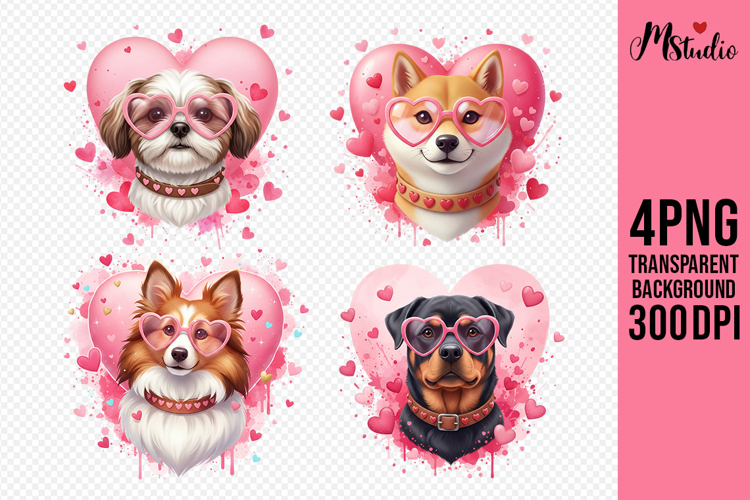 Valentine Dogs PNG Cute Puppies with Heart Glasses