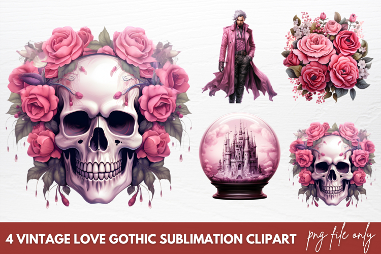 Vintage Love Gothic Sublimation Clipart, Pink Halloween