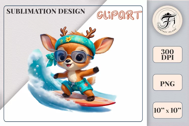 Cute Little Deer Surfer Cartoon| Sublimation Design| Ocean
