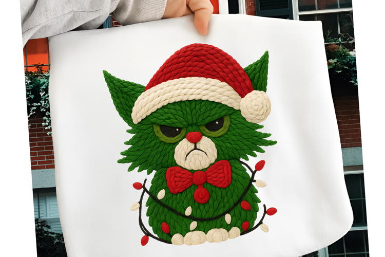 Green Angry Christmas Cat PNG, Green Faux Yarn Christmas Cat