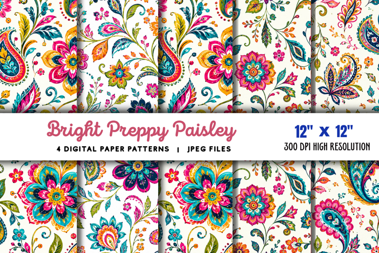 Bright Preppy Paisley Digital Paper JPG