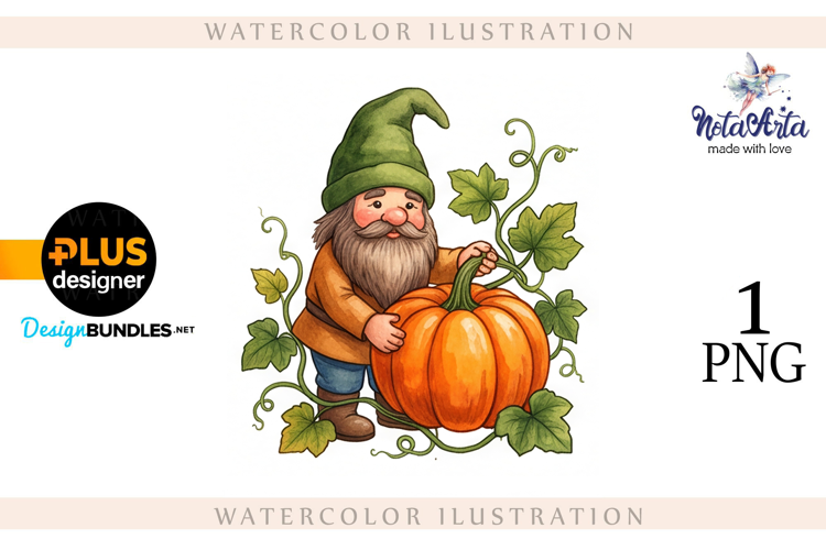 Gnomes with Pumpkin Harvest in Watercolor Style
