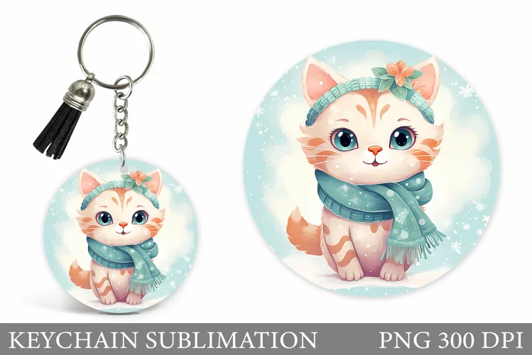 Winter Cat Keychain Sublimation. Cute Cat Keychain