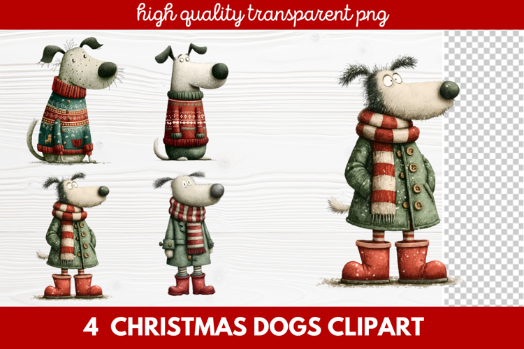 4 Christmas Dogs Clipart | Cute Holiday Puppy PNG Illustrati