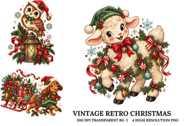 Vintage Retro Christmas Animals PNG example image 1