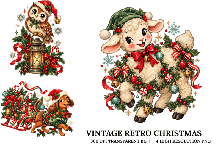 Vintage Retro Christmas Animals PNG