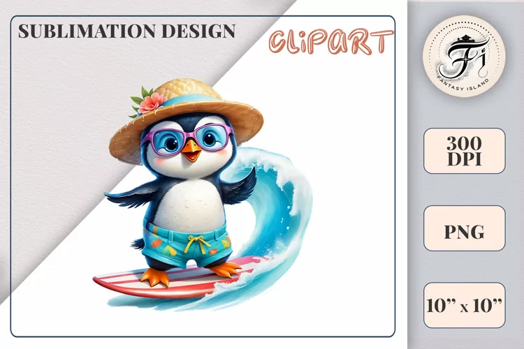Penguin | Cute Surfer | Cartoon| Sublimation | Ocean | PNG