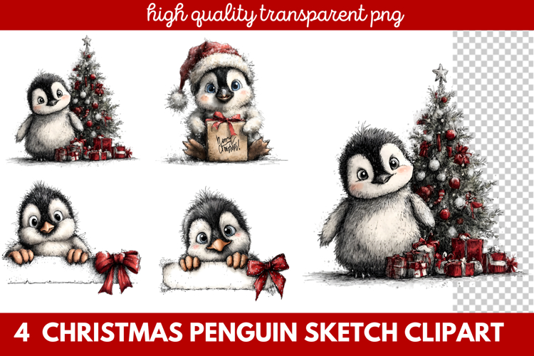 Christmas Penguin Sketch Clipart | Hand-Drawn Holiday