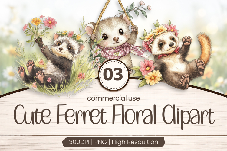 Cute Ferret Floral Clipart PNG