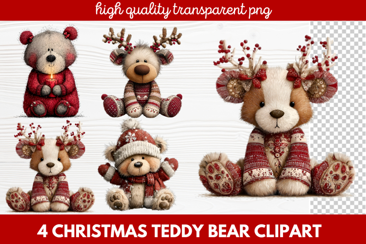 4 Christmas Teddy Bear Clipart | Cute Holiday Bear PNG Illus