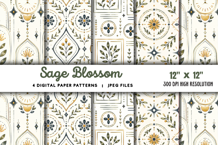 Sage Blossom Watercolor Digital Papers JPG