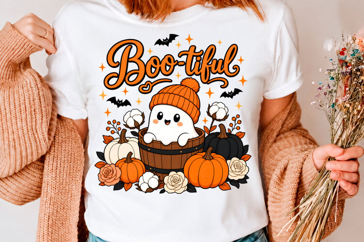 Bootiful Cute Ghost Halloween Fall T-Shirt Design example image 1