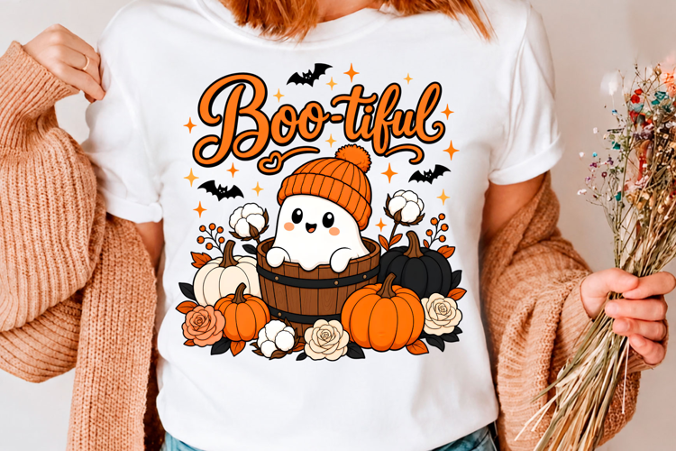 Bootiful Cute Ghost Halloween Fall T-Shirt Design
