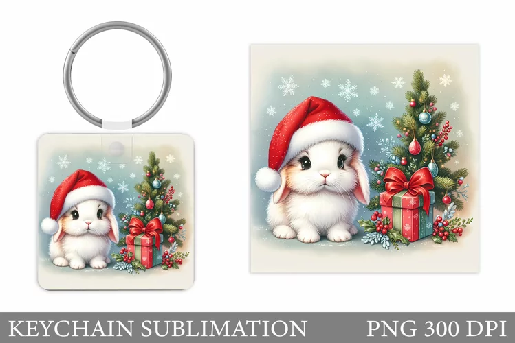 Christmas Bunny Keychain. Christmas Keychain Sublimation