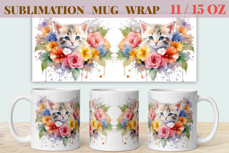 Sublimation Mug Design Watercolor Flowers and Kitten, Png