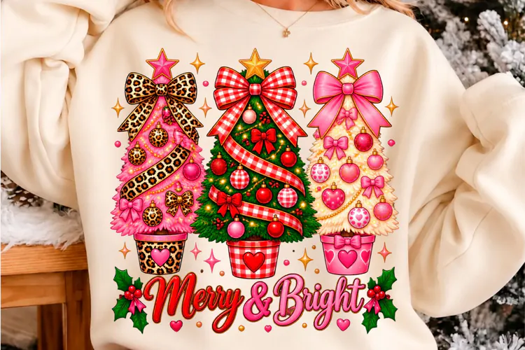 Merry & Bright Christmas Tree T-Shirt Design