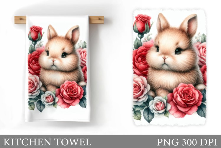 Cute Bunny Kitchen Towel. Roses Kitchen Towel Sublimation example image 1