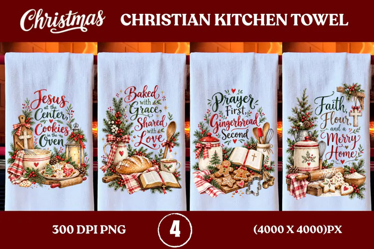 4 Christian Christmas Kitchen Towel PNGs, 4 Jesus Christmas
