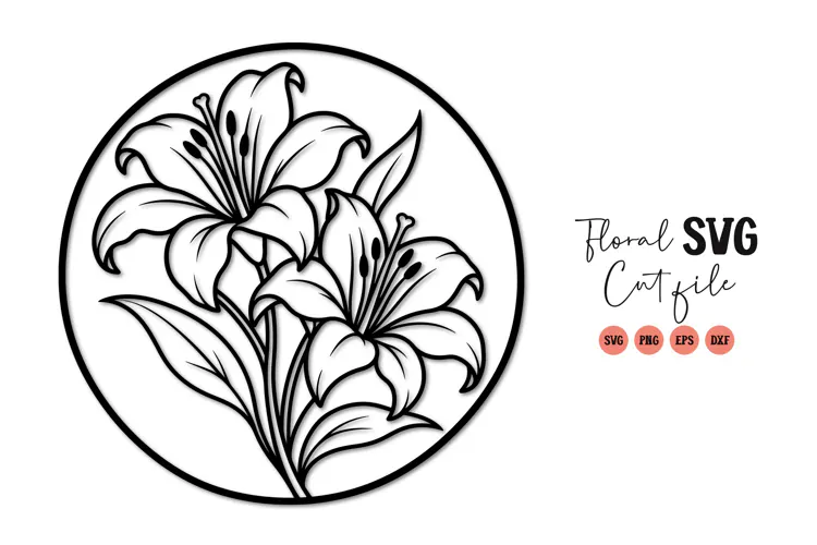 Lily Flower Circle Line Art SVG PNG