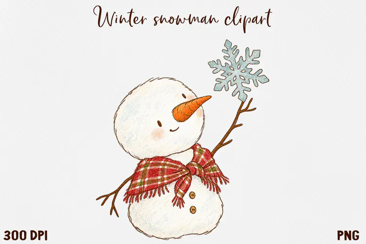 Cute Winter Snowman Clipart, Cozy Christmas Snowman PNG.