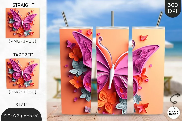 3D Butterfly Tumbler Wrap| 3D Sublimation Wrap Design