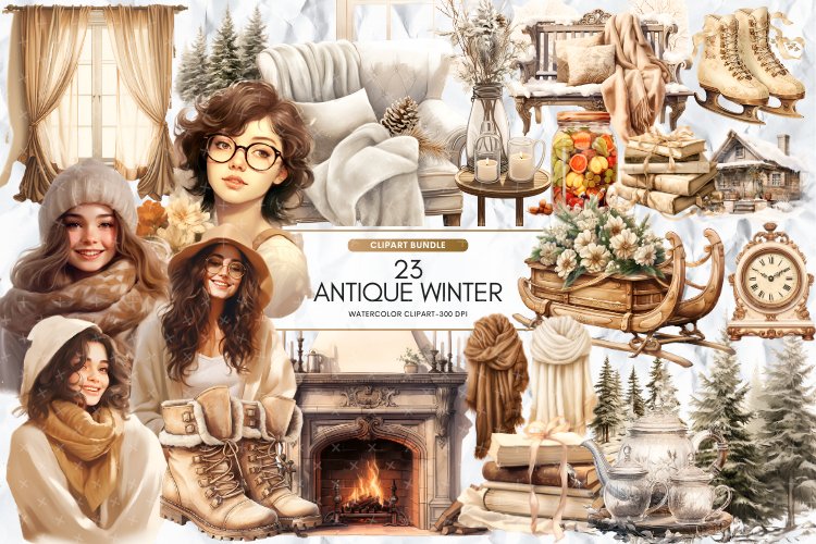 Antique Cozy Winter Clipart Bundle, Set of 23 Png Bundle