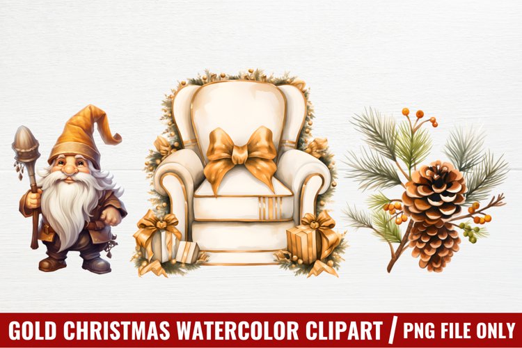 Gold Christmas Watercolor Clipart, Christmas Clipart