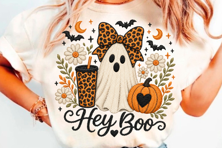 Hey Boo Halloween Ghost T-Shirt Design With Pumpkin, Leopard