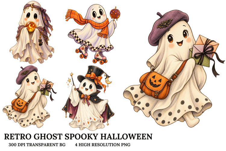 Cute Retro Ghost Halloween Kawaii Character PNG Clipart Arts