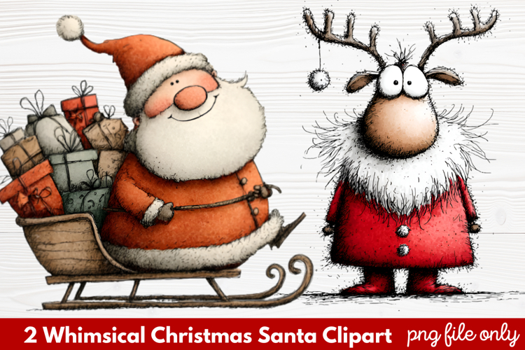 2 Whimsical Christmas Santa Clipart | Cute Santa PNG